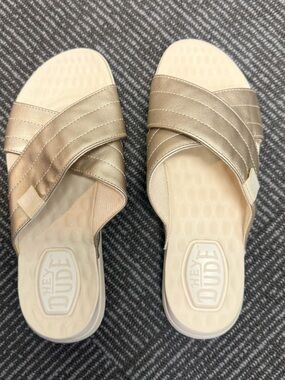Hey Dude Women's Metallic Gold Cross-Strap Slide Sandals